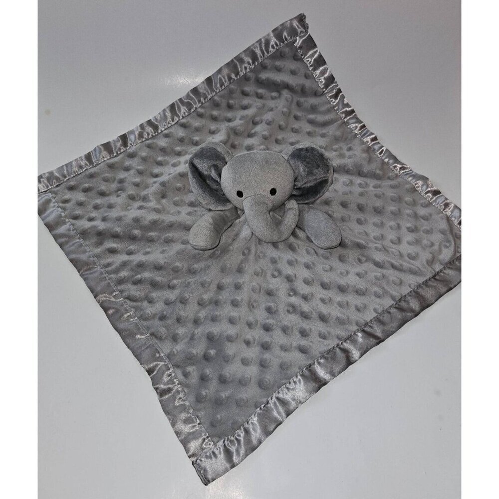 Gray Elephant Lovey Plush Baby Toy Minky Dot Satin Trim Underside Sewn Eyes